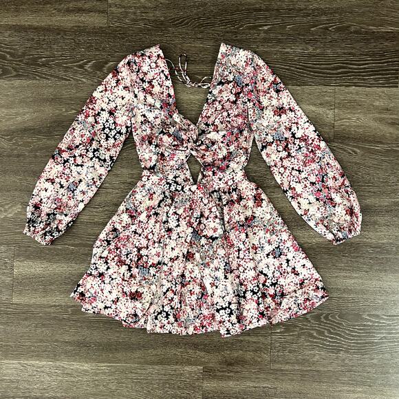 Michael Costello x REVOLVE Tabitha Dress XS Pink Floral Cutout Mini Long Sleeve - Picture 15 of 16